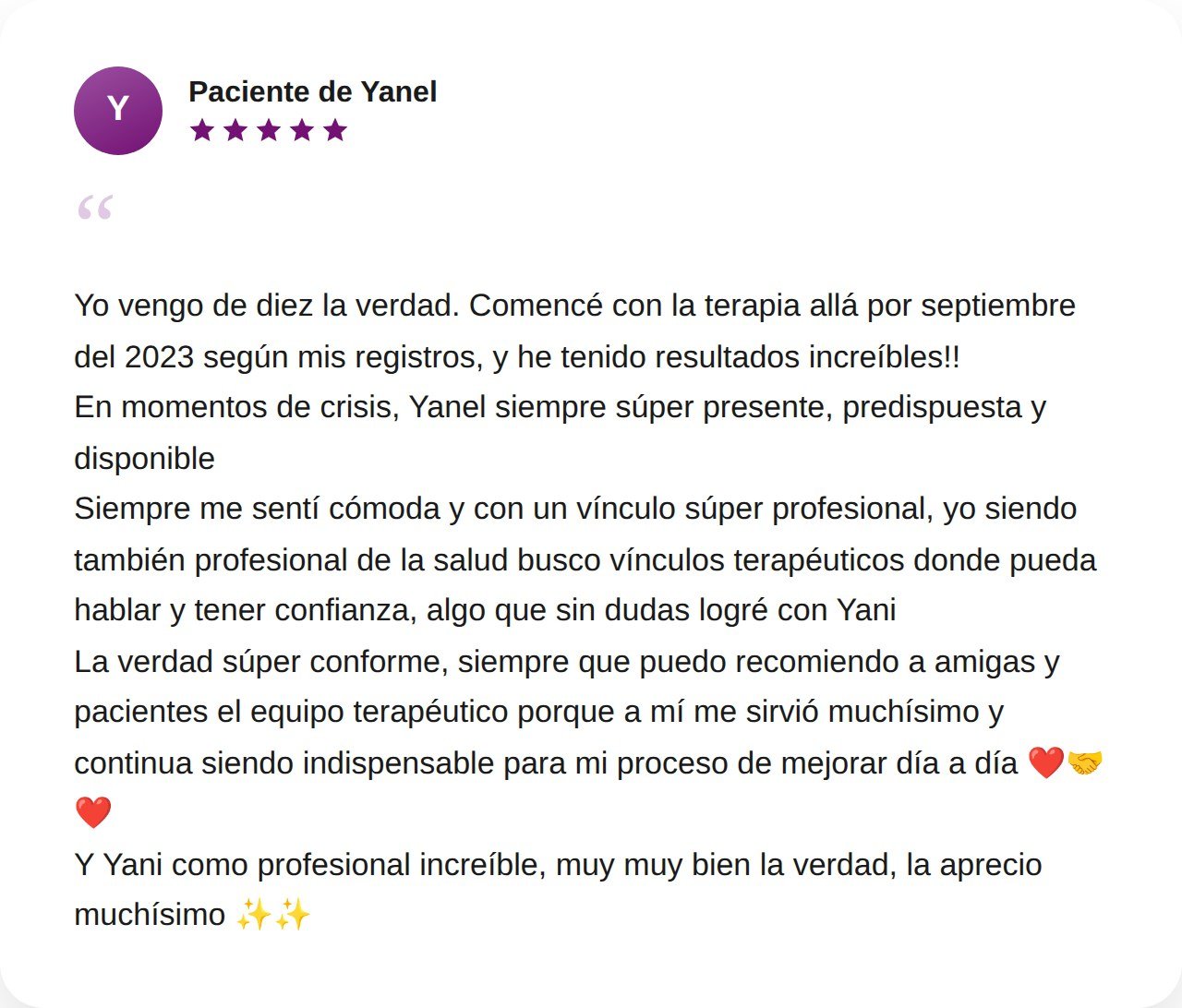 Testimonio de otra paciente de Yanel